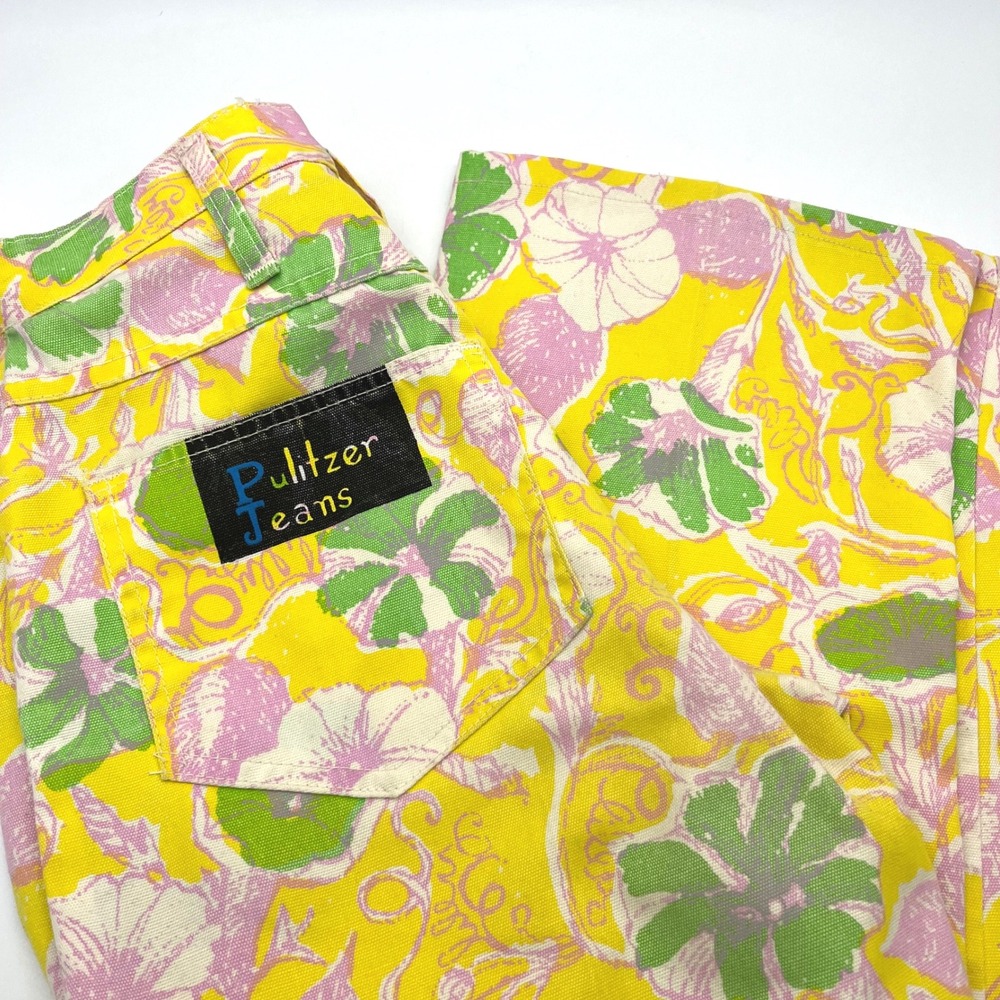 Rare Vintage Pulitzer Jeans Floral Print Yellow Pink Green Cropped Pants‎